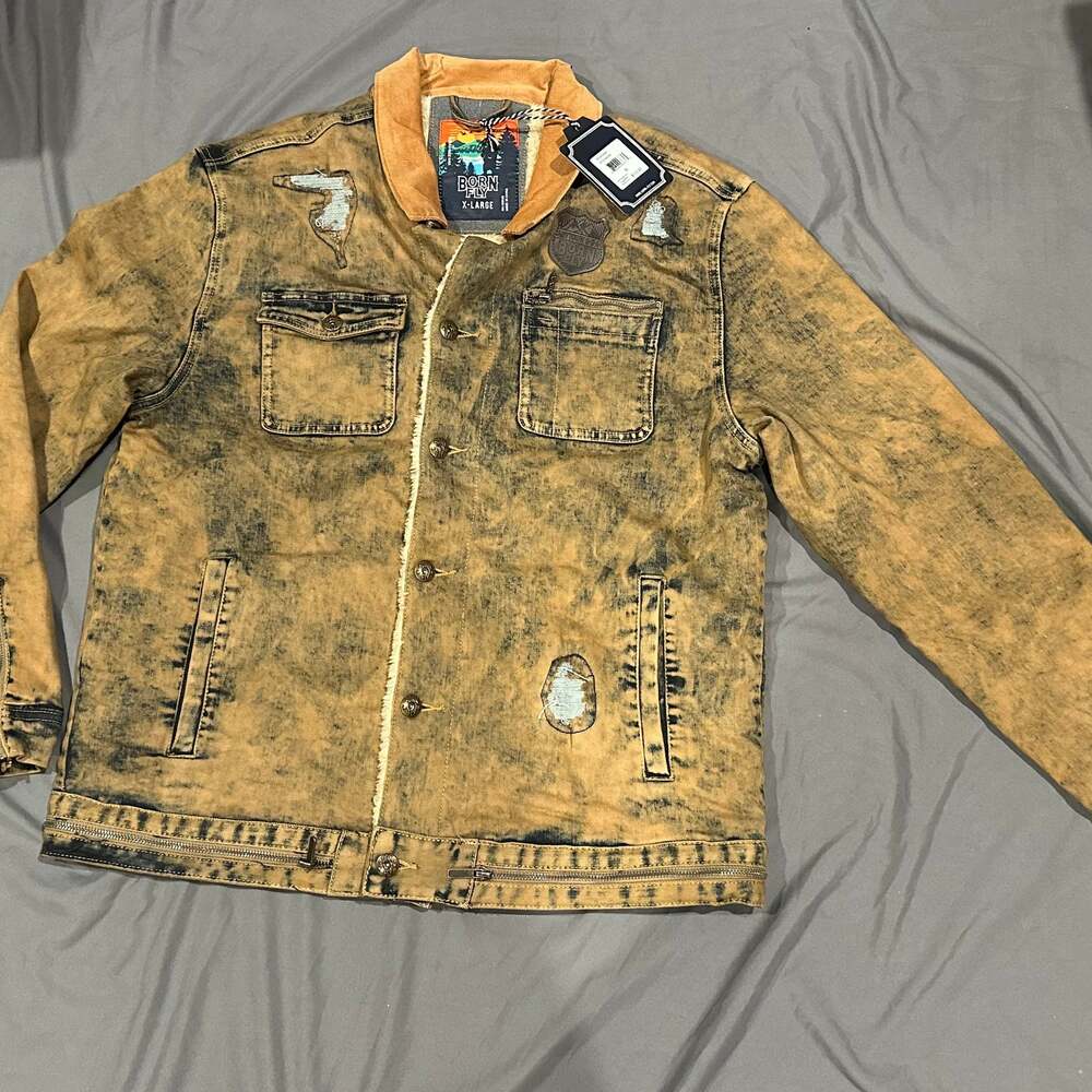 Born to fly Vintage Mustard Yellow Overdyed Acid Wash Denim Jacket size XL